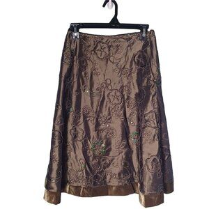MSK Midi Skirt Womens Small Green Fairycore Grunge Embroidered Mixed Media Satin